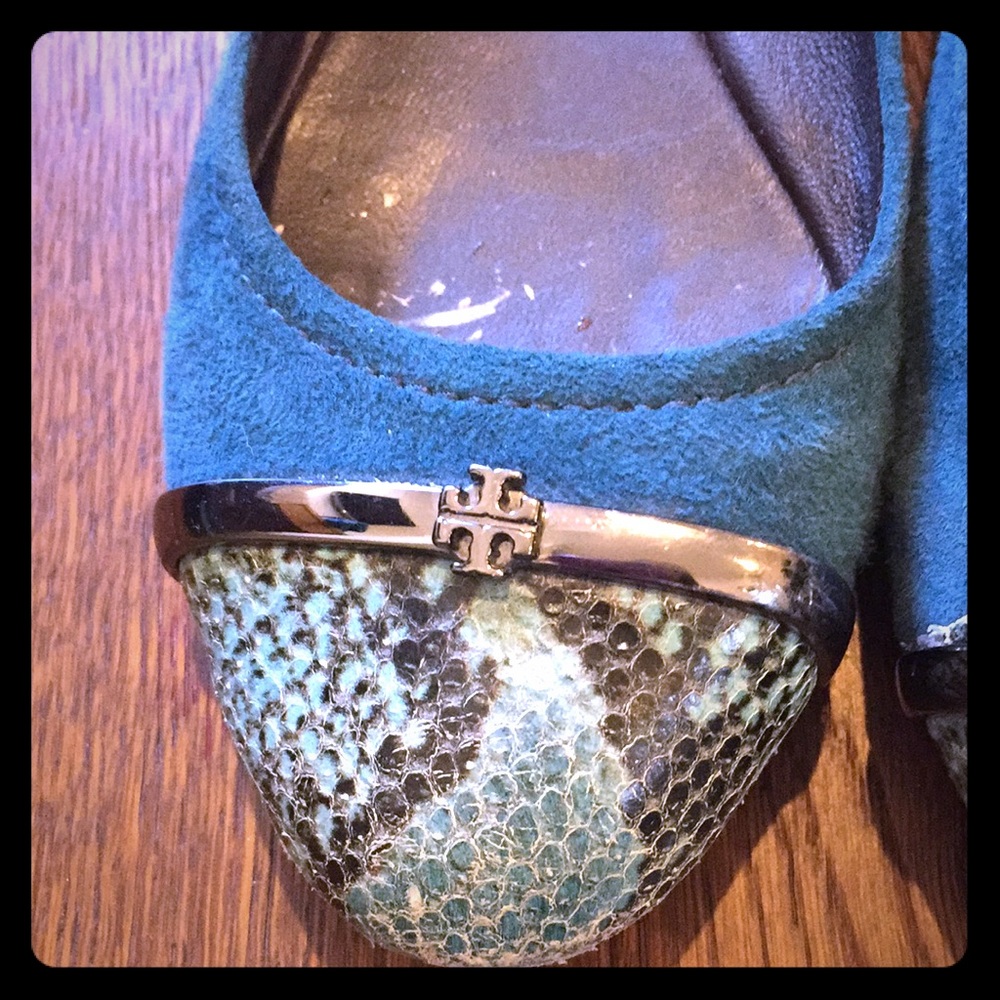 Tory Burch blue swede with snake skin ballet flats